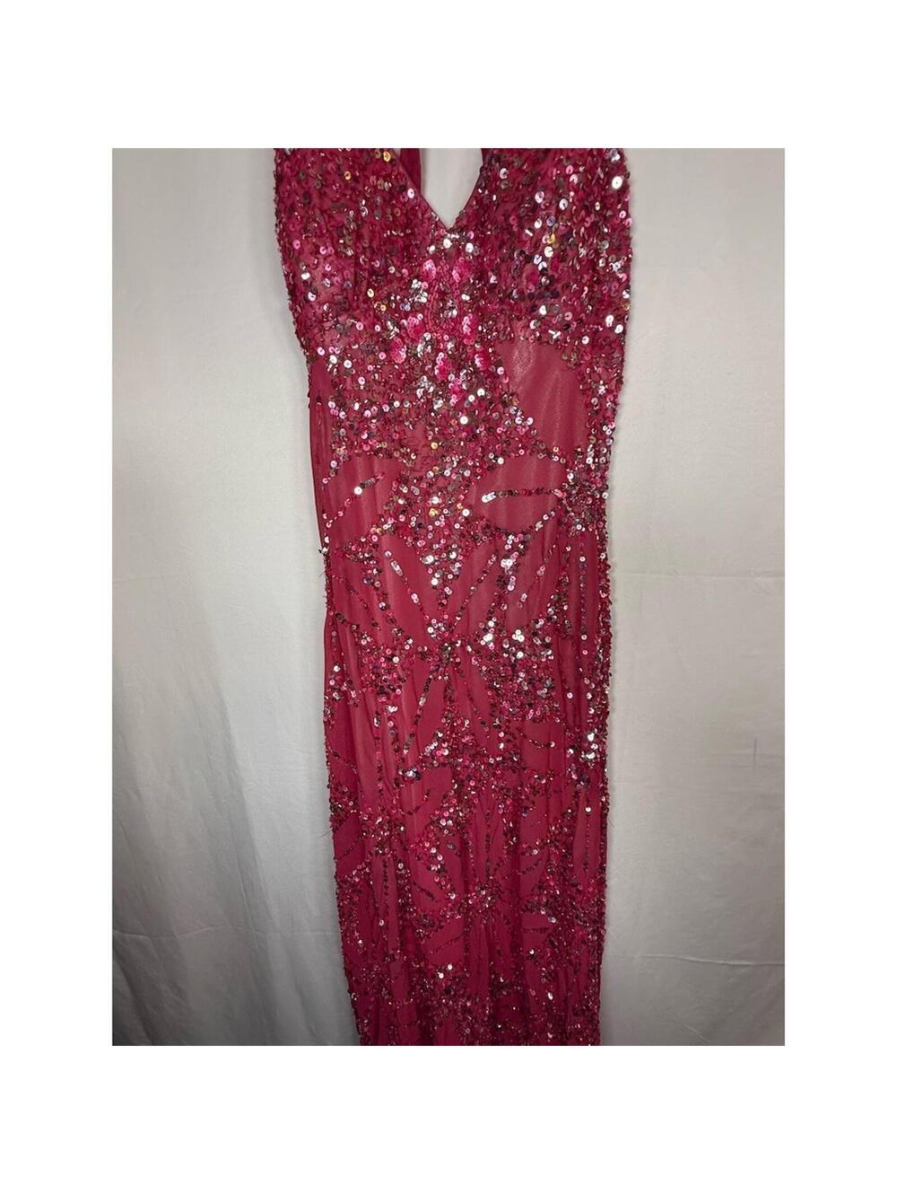 Adrianna Papell Gown Womens Size 8 Pink Sequin Halter Maxi Deep V Back Cutout - Picture 6 of 16